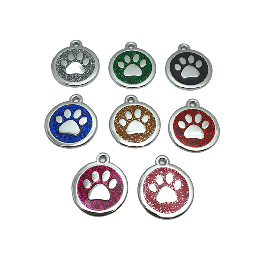 Round Glitter Paw Tags Stainless Steel
