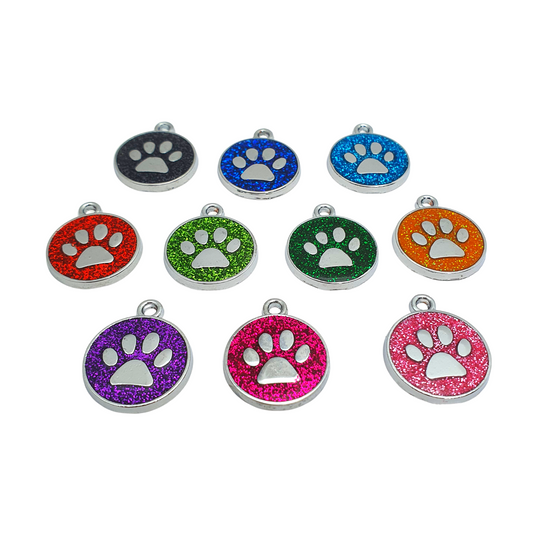 Mini Round Glitter Paw Tags Stainless Steel