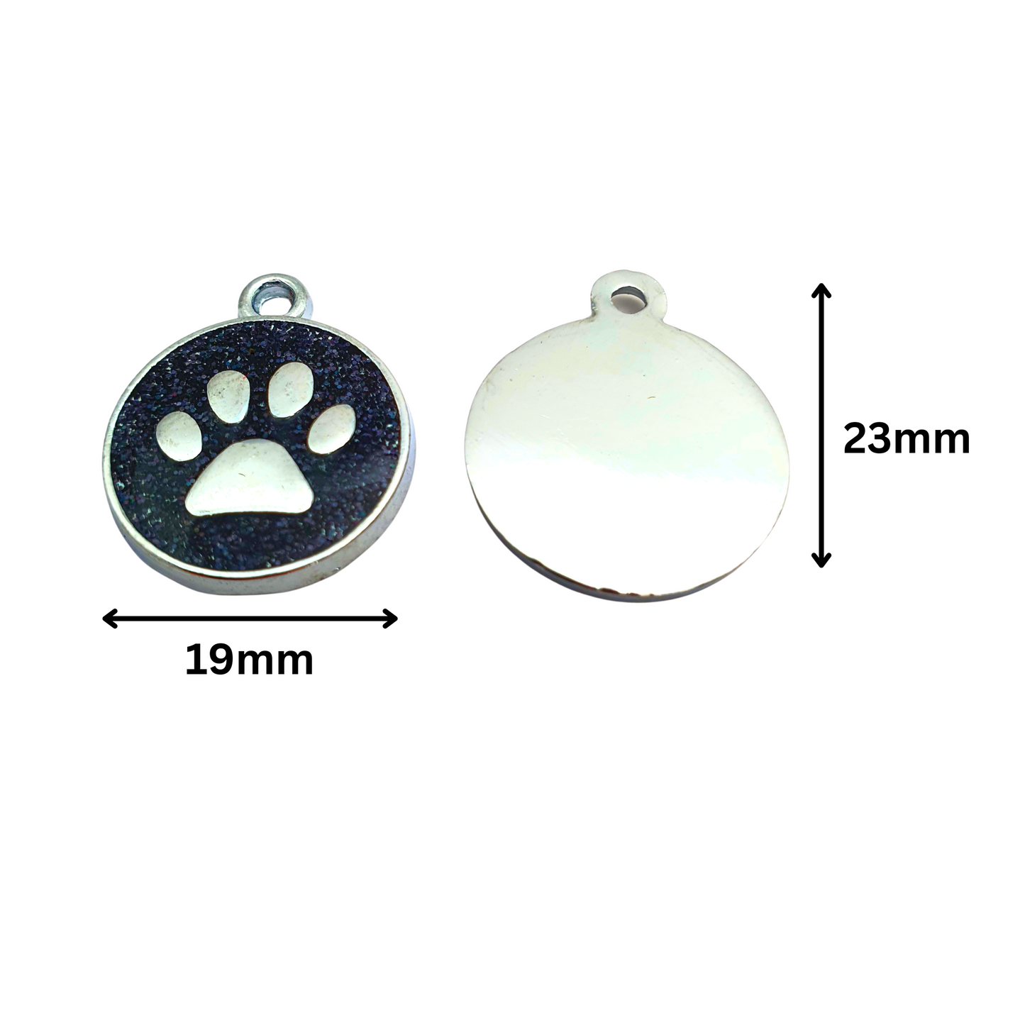 Mini Round Glitter Paw Tags Stainless Steel